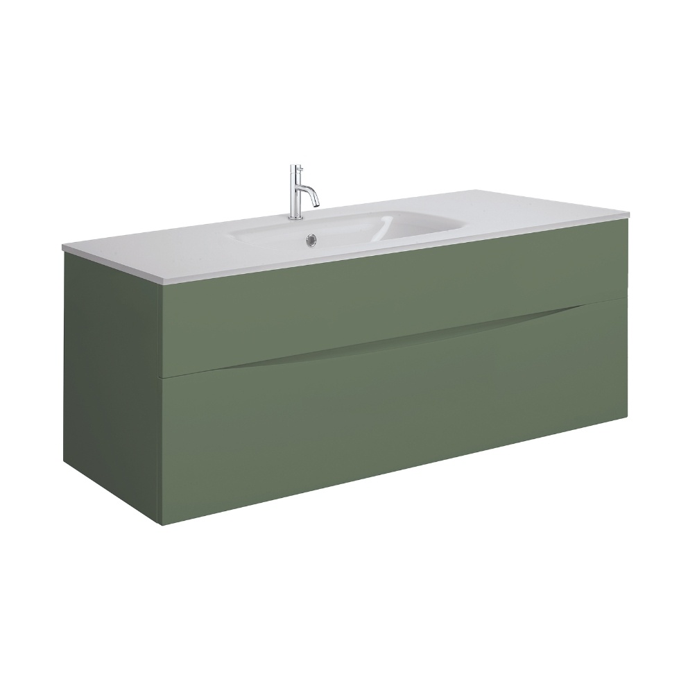 Product Cut out image of the Crosswater Glide II Sage Green 1000mm Double Drawer Unit with Ice White Glass 1 Tap Hole Basin